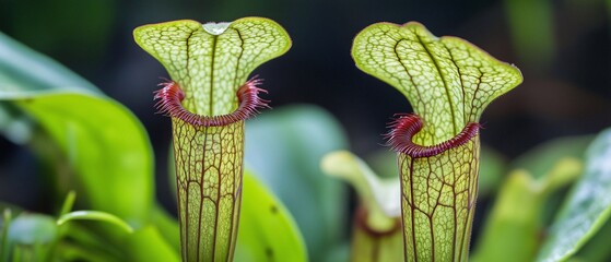 The delicate details of two pitcher plants, highlighting their intricate vein patterns and subtle color gradients, Bathed in warm light, used as background and product display.