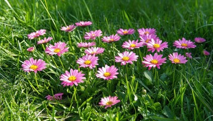 Obraz premium Vibrant Pink Flowers in a Lush Green Meadow