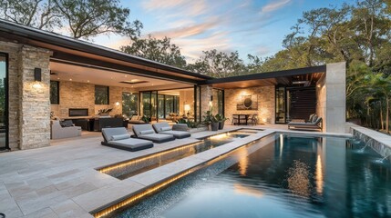 Fototapeta premium Modern Luxury Home with Pool and Outdoor Living Spaces at Dusk