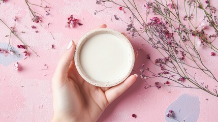 A well-manicured hand gently cradles a round container filled with creamy body butter against a soft pink backdrop, adorned with delicate dried flowers for an artistic touch