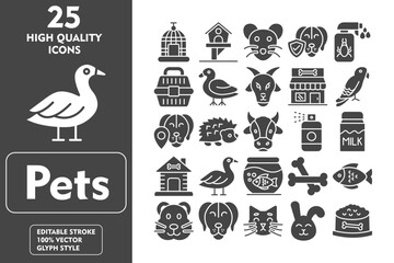 Pets Glyph Icon Set. Incleded Icons Cage, Hedgehog, Bone, Fish, Hamster, Dog, Cat, Rabbit, Pet Bowl, Bird House, Rat, Pet Insurance. Vector Icons Collection
