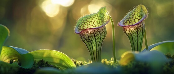 Two pitcher plants with speckled green and red leaves stand tall in a lush forest environment, Bathed in warm light, used as background and product display.