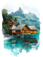 Naklejka premium Overwater bungalows with lush mountains in the background. Tropical stilted huts over turquoise water, surrounded by greenery and dramatic peaks
