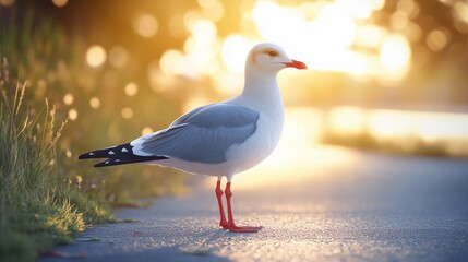 A moment of silence with seagulls standing on the road, basking in the warm light, the background blurred with orange bokeh of the setting sun.
