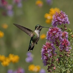 A hummingbird hovering near a cluster of wildflowers.