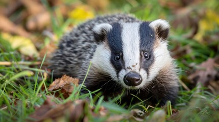 Fototapeta premium A curious badger exploring a lush green meadow filled with autumn leaves and foliage