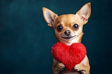 Chihuahua - my treasured dog. Cute chihuahua hound with fluffy red heart - sign of love, funny greeting card. Digital ads creative. Animal valentines. Valentine's dog photography. Pet love.