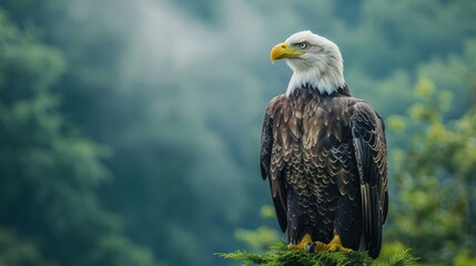 Majestic eagle perched on a tree branch amidst a misty forest background, showcasing nature's beauty