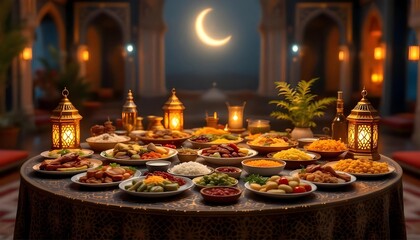 Fototapeta premium Festive Ramadan Feast Table Setting with Diverse Dishes