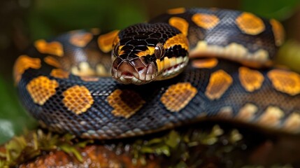 Close-up of a vibrant snake resting on a branch in a lush tropical environment