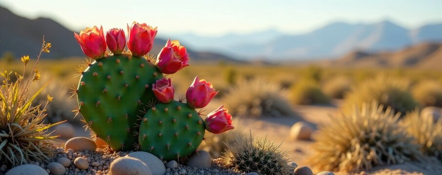 Prickly pear cactus Opuntia polyacantha growing in a desert landscape, unique, desert plant, opuntia