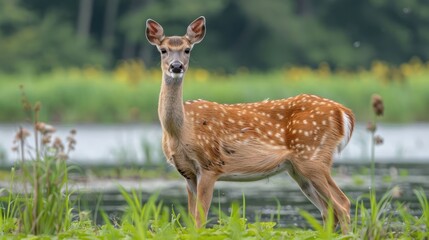A serene scene featuring a spotted deer standing gracefully by a tranquil lake surrounded by greenery
