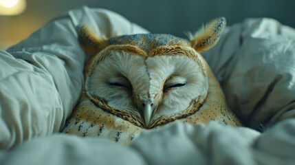 A serene owl nestled in soft bedding, resting peacefully in a cozy indoor setting