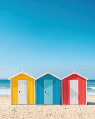Colorful beach huts lined up on sandy shore under clear blue sky