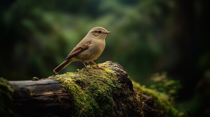 A small brown bird stands on a mossy log in the middle of a vast forest, bathed in warm light. The background is blurred. Use as a background and ecosystem composition.