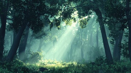 Fototapeta premium Sunlight Filtering Through Leaves in a Misty Forest Landscape