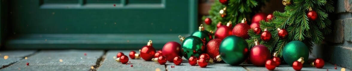 Obraz premium Red and green ornaments spill out of a Christmas wreath on the doorstep, holiday, ornaments, christmas