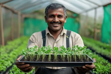 Indian farmer displays seedlings in greenhouse with pride amidst lush greenery. Generative AI