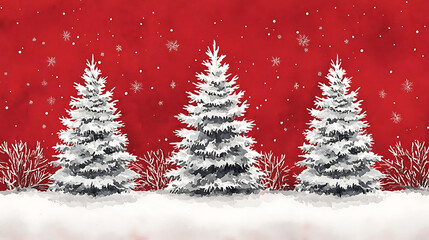 Fototapeta premium Winter landscape with snowy trees and red background, evoking holiday cheer