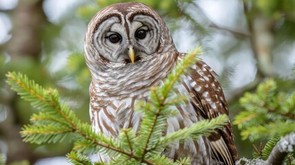 Fototapeta premium Majestic owl perched among evergreen branches, observing its surroundings in a serene forest