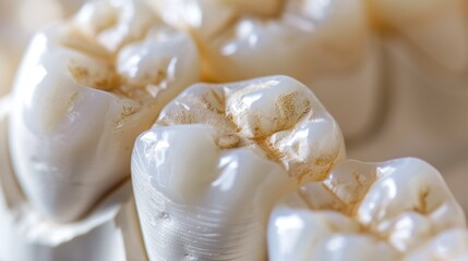 Close-up of a dental model with glowing oral bacteria on teeth, magnified under a microscope lens, showcasing dental hygiene and oral health concepts.
