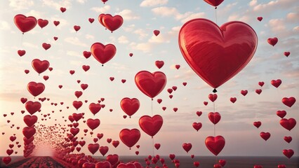 Obraz premium Red hearts floating in every direction filling the space with an abundance of love and affection, heart patterns, colorful symbols, overlapping red hearts, whimsical atmosphere