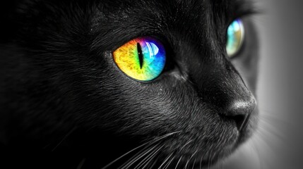 Close-up of a black cat's face with vibrant rainbow eyes.