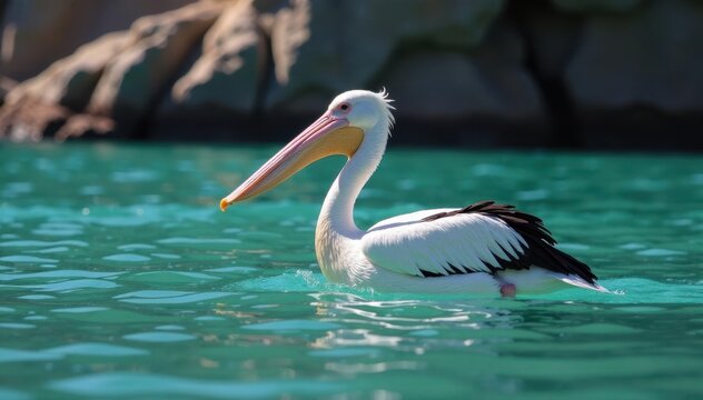 Pelicano peruano inmaduro en el agua con peces, vida silvestre, aves, fauna peruana