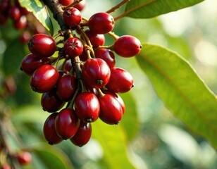 Red ripe arabica coffee cherries hanging from the coffee plant stem, cherry, leaves, arabica