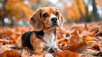 Beagle dog resting on autumn leaves in a serene park with colorful trees in the background