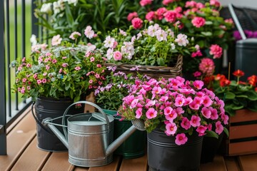 Obraz premium A vibrant display of colorful flowers in pots, accompanied by a watering can, creating a cheerful garden atmosphere on a balcony.