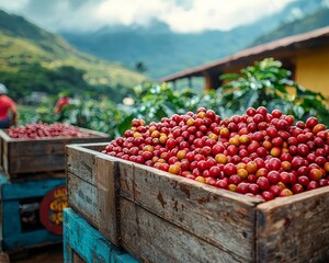 Coffee Cherries Handpicked at Lush Mountain Plantation Agricultural Industry Concept