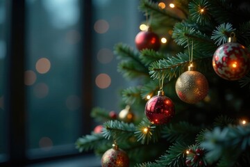 Dark green tree branches with ornaments and lights, festive, decorative bokeh christmas tree snowy glow ornaments, tree