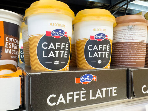 Emmi caff&egrave; latte macchiato cups on store shelf