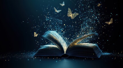 Fototapeta premium Open book with magical butterflies and glowing particles.