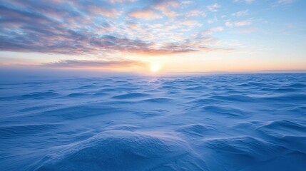 Naklejka premium Serene Snowy Landscape at Sunrise with Vibrant Sky and Clouds