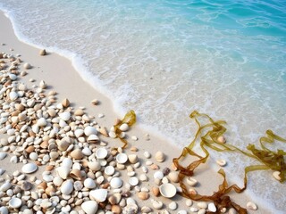Seashells and pebbles line the sandy shoreline meeting the turquoise ocean at a tranquil cove with soft sand and seaweed swaying gently in the current, ocean, seashell