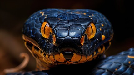Fototapeta premium Close-up of a vibrant blue and yellow snake showcasing its intricate scales and fierce gaze