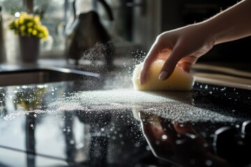 Scrubbing the stovetop to remove stubborn food splatters and grease in a well-lit kitchen