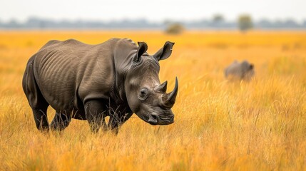 Obraz premium A majestic rhinoceros grazing in a golden grassland under a cloudy sky, symbolizing wildlife conservation