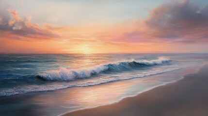 Fototapeta premium A serene beach at sunset with gentle waves lapping at the shore, pastel sky colors blending into the horizon