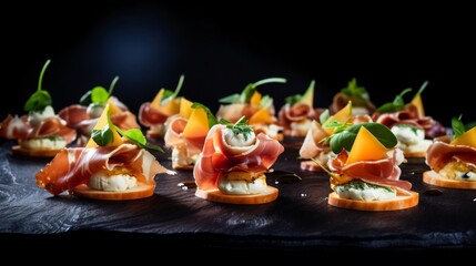 Exquisite Canapes with Prosciutto and Cheese Displayed for Elegant Events and Catering Services