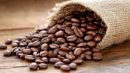 Fototapeta premium Burlap sack of roasted coffee beans spilling onto wooden surface