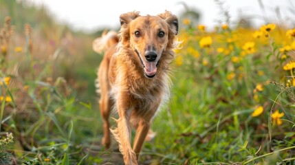 Happy dog running through a vibrant field of wildflowers during a sunny day