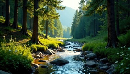 Obraz premium A winding mountain stream flows through a grove of tall trees, natural, earthy tones