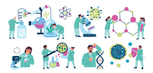 Scientists conducting laboratory tests. Chemist experiment. Biologists and physicists characters. Molecules research. Lab microscope. Tiny people with big beakers. Garish vector set