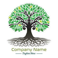 Obraz premium Beautiful green tree silhouette and vector design, minimalist business logo for tree icon on white background.