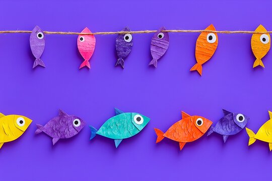 Seamless pattern of colorful paper fish hanging in a row on a rope on a bright purple background.