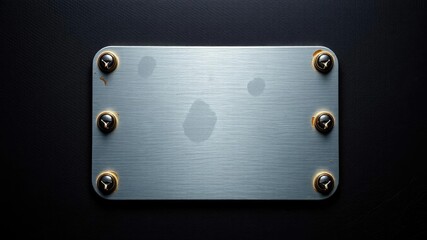 Small metal plate with a bold, colorful design on a black brushed metallic background, metallic, artwork