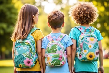 three children standing outdoors unique tropical backpacks